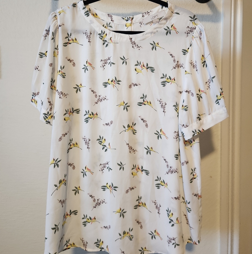 LOFT White Blouse with Floral Bird Pattern